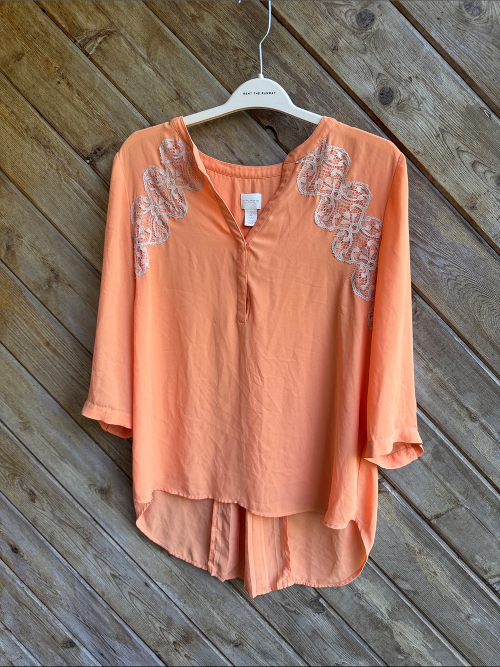 Chico’s Coral Peach Embroidered lace V-Neck High-Low Tunic size 2 12/14